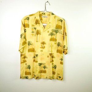 Tommy Bahama Mens Hawaiian Shirt Yellow Green Palm Trees Short Sleeve Silk L